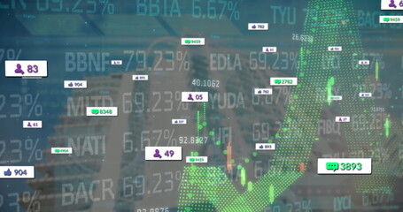 Poster - Showing green uptrend arrow grid signaling bullish trend over city skyline, with candlestick data