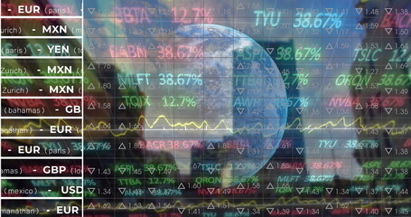 Poster - Rotating Earth globe showing currency pairs and tickers with line chart over virtual financial data