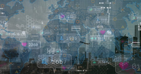 Poster - Displaying digital interface overlay over city skyline at dusk, with world map and data icons