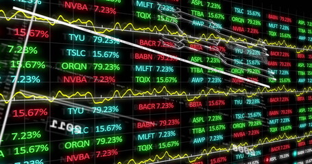 Poster - Displaying electronic ticker grid showing colored percentages and line graphs on trading floor