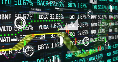 Poster - Displaying 3D ribbon line graph arrow across trading dashboard, with ticker symbols