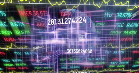 Poster - Pulsing purple 3D grid tunnel streaming inside virtual data interface with floating ticker symbols
