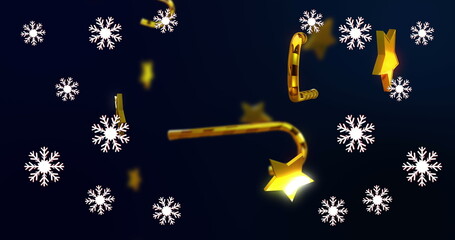 Poster - Floating golden candy cane hook with glowing star tip against blue gradient, with white snowflakes