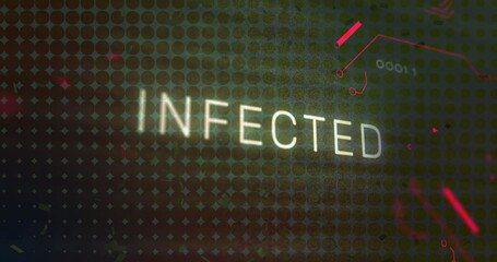 Poster - Glowing text INFECTED flashing on dashboard, with red circuit lines and neon accents