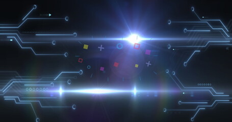 Poster - Emitting lens flare, light beam crossing digital interface, with neon-blue circuit lines and nodes