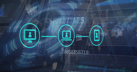 Poster - Three teal icons showing users on devices floating in grid, with connecting lines and HUD rings