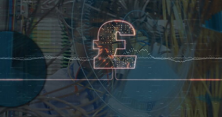 Poster - Displaying circuit pound sterling symbol shining over server room, with cables and digital waveform