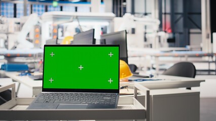 Poster - empty desk with laptop running green screen in the solar panel manufacturing plant, eco friendly alt