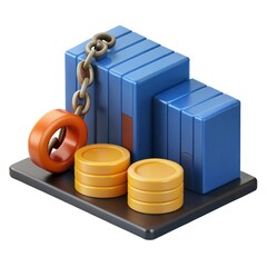 Poster - 3d render of blue blocks coins and chain representing financial security
