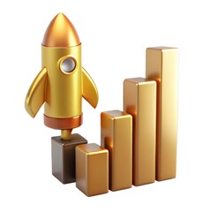 Poster - Golden rocket launching on ascending bar graph