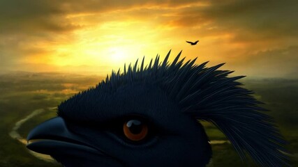 Poster - Sunset Over Calm River With Flying Birds in Serene Landscape Generative AI
