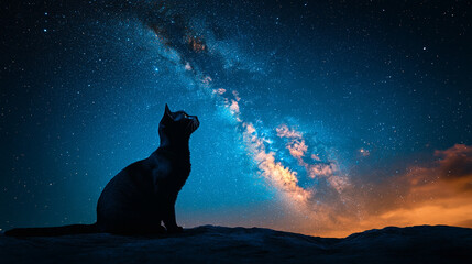 Naklejka na meble back of Cat Silhouette Gazing at the Milky Way Galaxy in Sky caption space on the side --chaos 25 --ar 9:16 --stylize 250 --v 6.1 Job ID: 7d32c71a-8585-4140-876d-e479001ff330