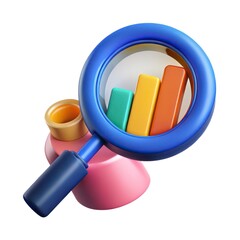 Poster - 3d render of magnifying glass analyzing colorful bar graph