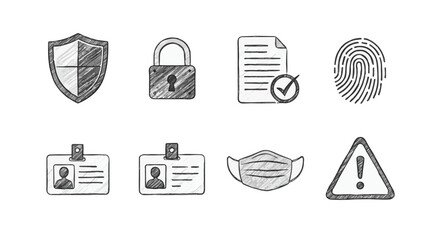 Poster - Secure Data Protection Icons Sketch Set Shield Lock Fingerprint ID Card Mask Warning