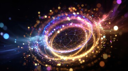 Wall Mural - a swirling vortex of light and particles in a dark space with a network structure in the center