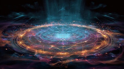 Wall Mural - a cosmic portal with glowing rings and nebula clouds in a dark space background with starlight