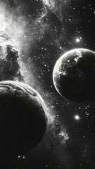 Wall Mural - A digital artwork depicting a cosmic scene with two moons, a star-filled galaxy, and other celestial bodies.
