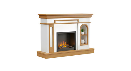 Poster - 3D Rendered Fireplace With White Facade Wooden Accents Burning Fire And Transparent Background