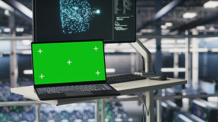 Poster - Isolated screen laptop automating supercomputers hardware inside server hub. Chroma key notebook in industrial data center facility monitoring rackmounts neural network activity