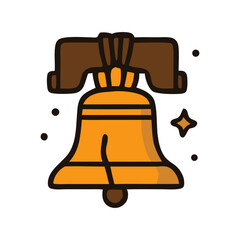 Poster - Illustration of the Liberty Bell with a crack, hanging from a wooden beam, with decorative stars and dots.