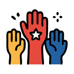 Poster - Three stylized hands raised in the air, one with a star, celebrating.