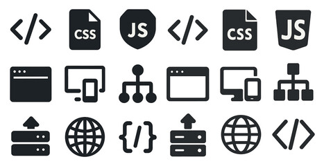 Web development filled icons set – programming, tech, online tools design