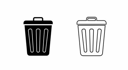 Aufkleber - This high-quality vector image features two minimalist trash can icons: a solid black silhouette with vertical lines and a handle, and a matching black outline, all with fine details.