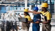 © DC Studio - Group of black employees at the solar panels factory reviewing data on devices and documents. Photovoltaics facility engineers working on innovative solar cells design prototype. Camera B.