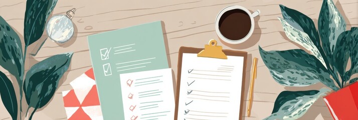 Poster - Stylized Desk Workspace With Vision Board, Checklists, Coffee, and Plant Creating an Inspiring Environment for Productivity