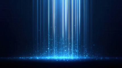 Aufkleber - Blue light beams with glowing particles on dark navy background create magical and futuristic atmosphere with soft vertical lines of light