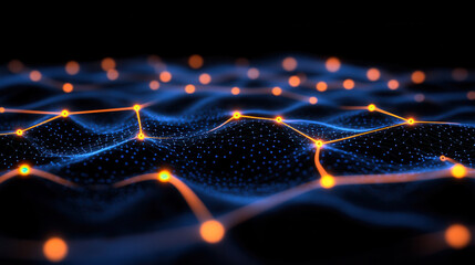 Aufkleber - Digital network with glowing orange nodes connected by thin lines over blue wave grid, creating futuristic and dynamic technology concept