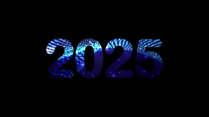 Poster - 2025 animation text video with dot blue animation on plain black background