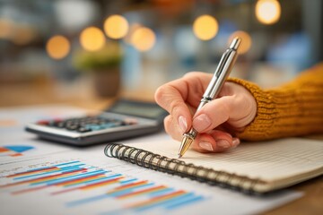 Poster - Businesswoman using pen and calculator, taking notes in notebook while analyzing financial charts at the office