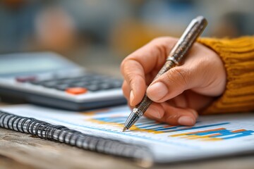 Poster - Close up of hand holding pen pointing at financial chart on notebook, with calculator in background, suggesting budget planning and analysis