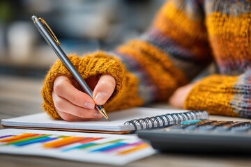 Poster - Businesswoman wearing fingerless gloves analyzing financial charts and taking notes while calculating expenses in her notebook