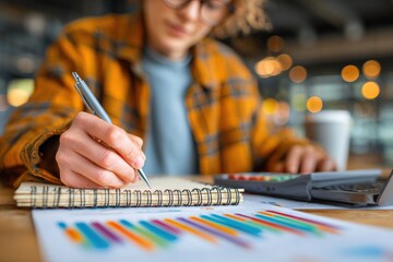 Poster - Businesswoman analyzing and taking notes about financial data in a notebook while using a calculator and a laptop