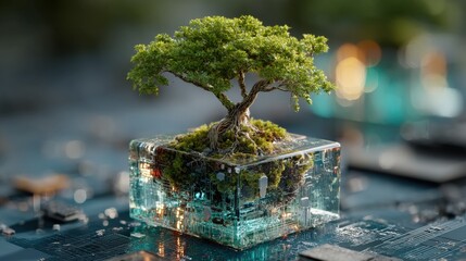 Poster - Lush bonsai tree thrives within a transparent, ice like cube, showcasing the fusion of nature and technology