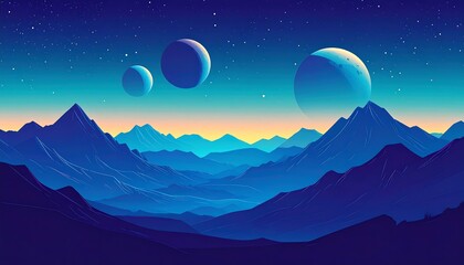 Wall Mural - Alien planet with mountain range, and night.