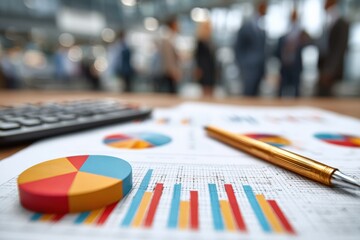 Poster - Colorful pie chart and bar graph reports with calculator and pen on desk showing market analysis and increasing profit