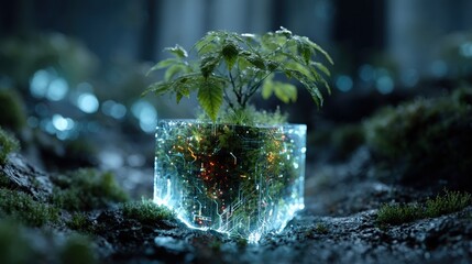 Poster - Lush green sapling growing from a transparent cube with embedded circuits, blending nature and technology in a harmonious ecosystem