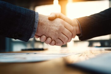 Poster - Two businessmen shaking hands after signing a contract in the office, concept of success and agreement
