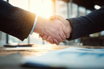 Poster - Business people shaking hands over a table with documents in a luminous office, celebrating a new agreement