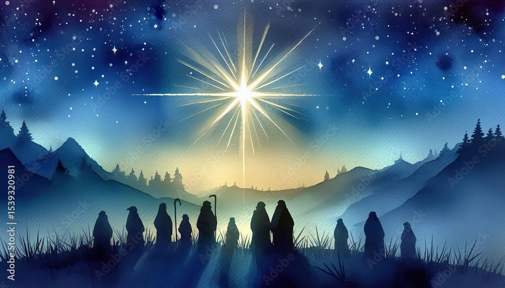 Christmas star nativity scene shepherds night sky illustration Stock ...