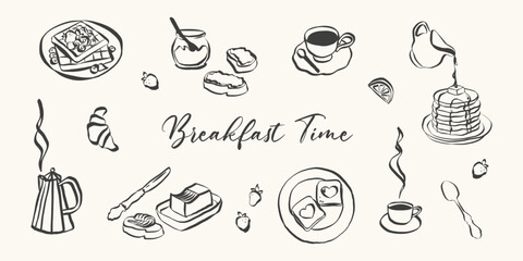 Aufkleber - Whimsical breakfast doodles. Italian food with la dolce vita aesthetic in simple crayon and sketch style. Trendy art for menus and dinner brunch invitations. Hand drawn vector illustration