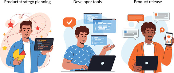 Flat illustrations of key modern roles: business strategist, creative designer, and software developer working with data, visuals, and code.
