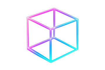 Leinwandbilder - Glowing cubic neon structure radiating multicolor luminescence, representing technological innovation against transparent surface