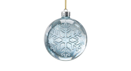 Poster - Isolated Christmas Ornament Blue Glass Sphere Snowflake Pattern on Dark Background with Golden String Detail