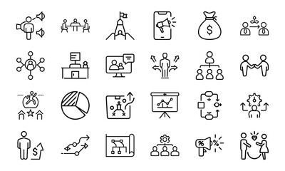 Poster - line art set of business strategy icons depicting goals growth and collaboration