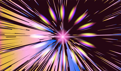 Poster - Energetic abstract illustration in modern vaporwave style: vibrant streaks of yellow, pink, blue radiate from a glowing magenta center, creating a sense of cosmic motion and intensity.
