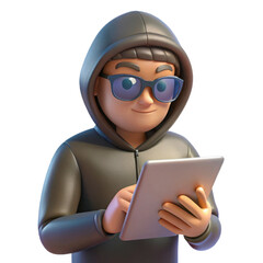 Poster - 3d cartoon hacker using tablet isolated on transparent background